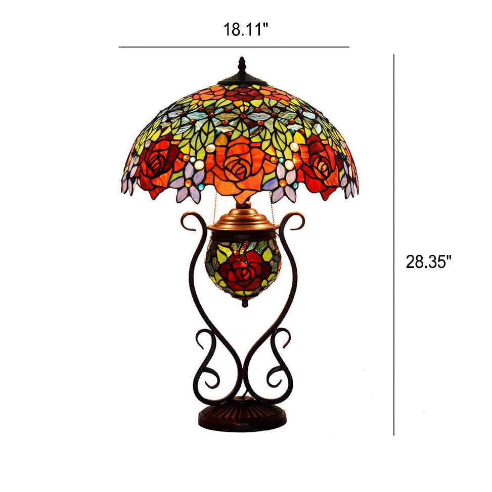 Style Rose Stained Glass 3-Light Table Lamp