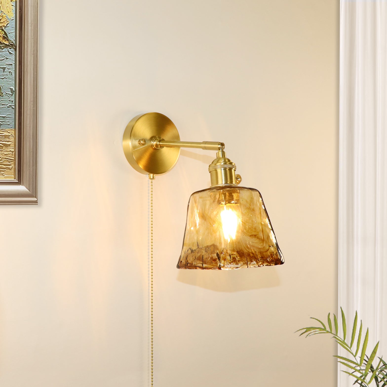 Brass Amber Square Glass Wall Lamp