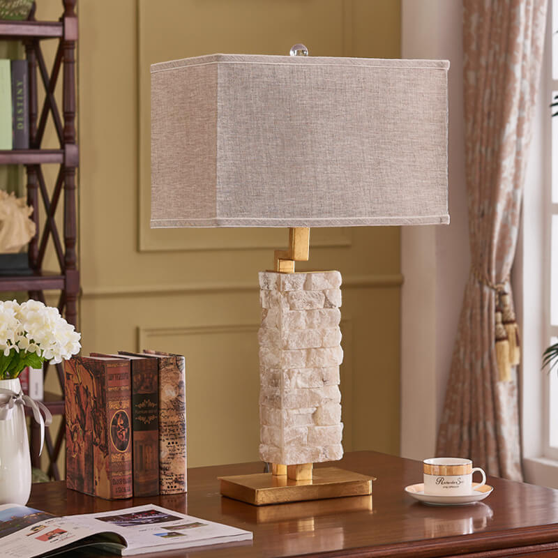 Square Fabric Marble Column Table Lamp