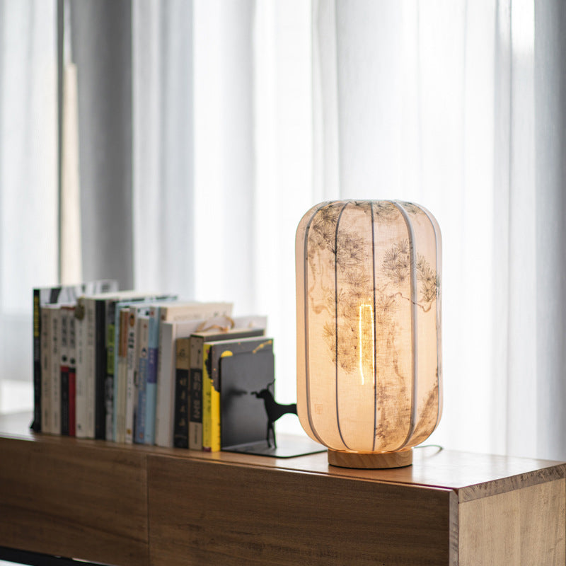 Wood Cotton Hemp Cylinder Table Lamp