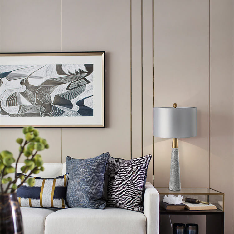 Fabric Lampshade Gray Marble Table Lamp