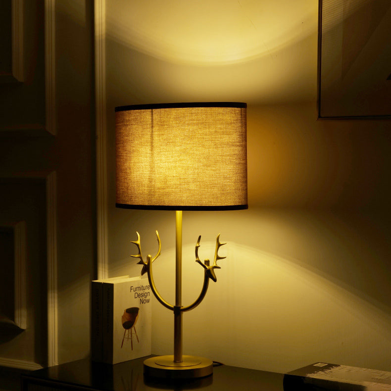 Fabric Brass Cylinder Deer Table Lamp