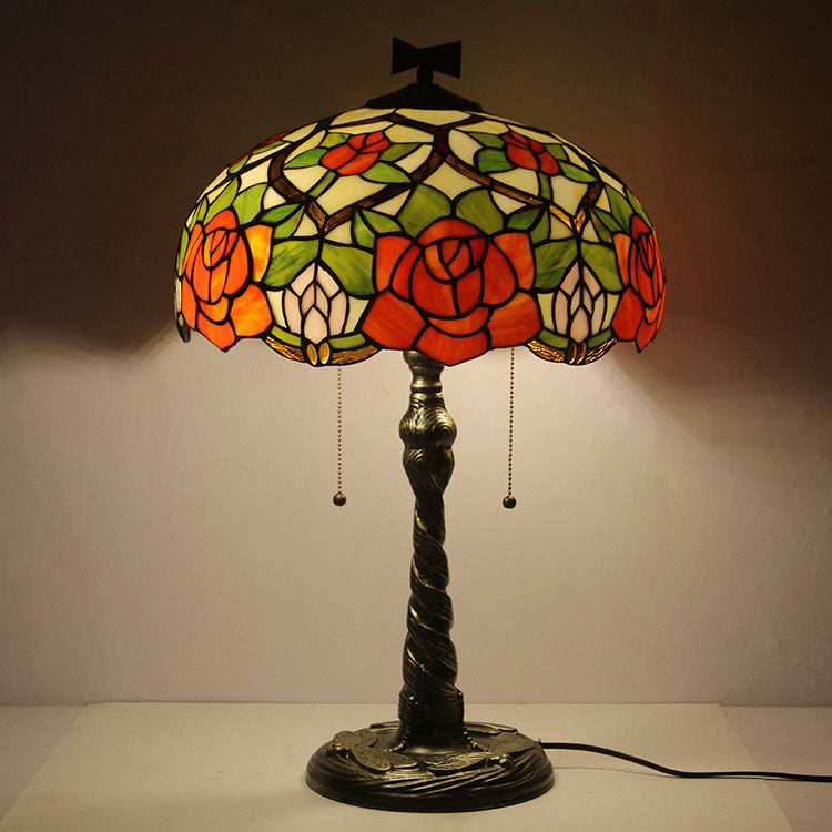 Rose Dragonfly Stained Glass 2-Light Table Lamp