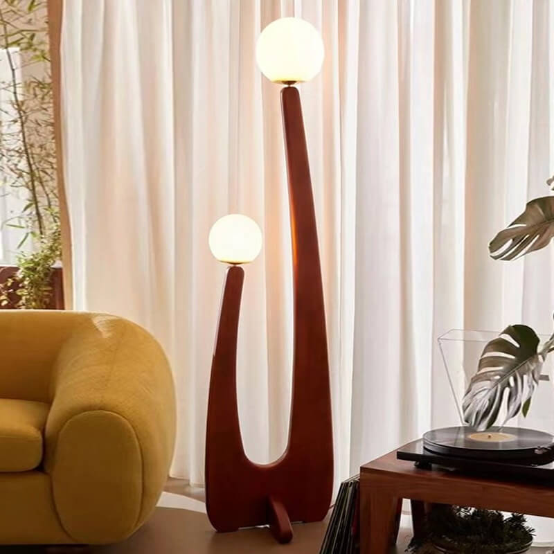 Walnut Solid Wood Glass 2-Light Floor Lamp