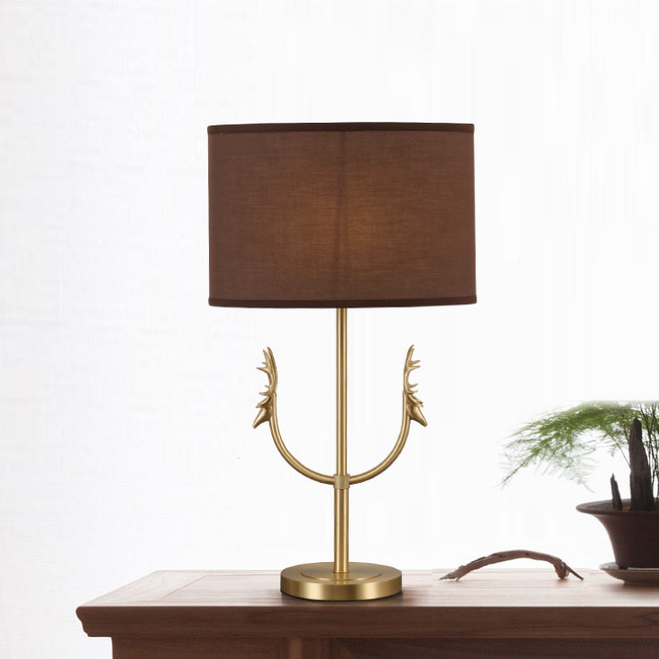 Fabric Brass Cylinder Deer Table Lamp