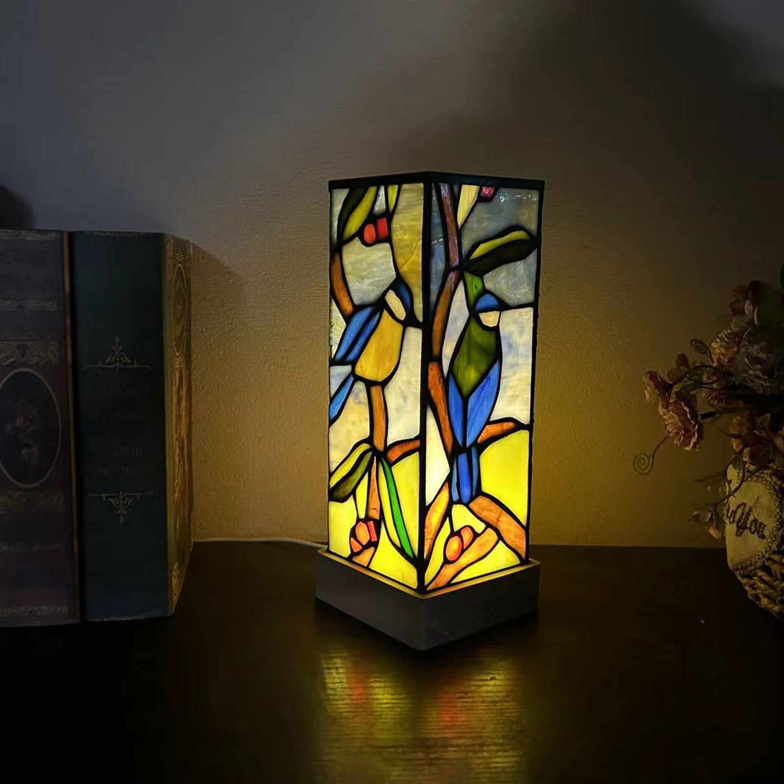 Rectangular Bamboo Wood Glass Table Lamp