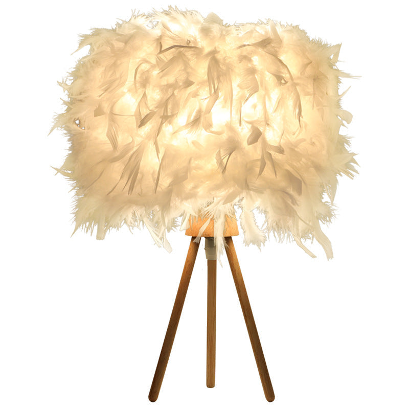 Feather Wood Cylinder Triangle Table Lamp