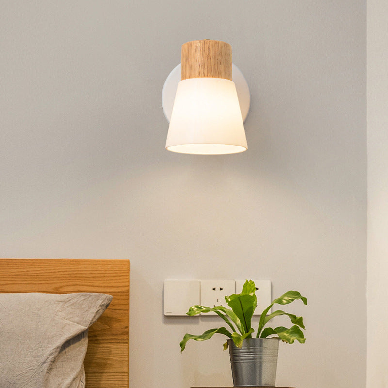 Wood Glass Cone Rotatable Wall Lamp