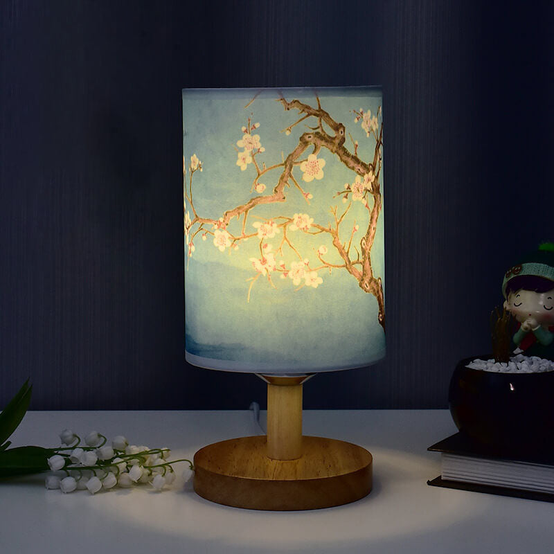 Fabric Column Landscape Wood Table Lamp
