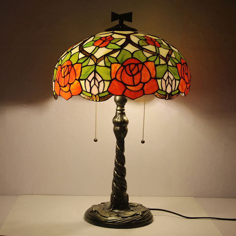 Rose Dragonfly Stained Glass 2-Light Table Lamp