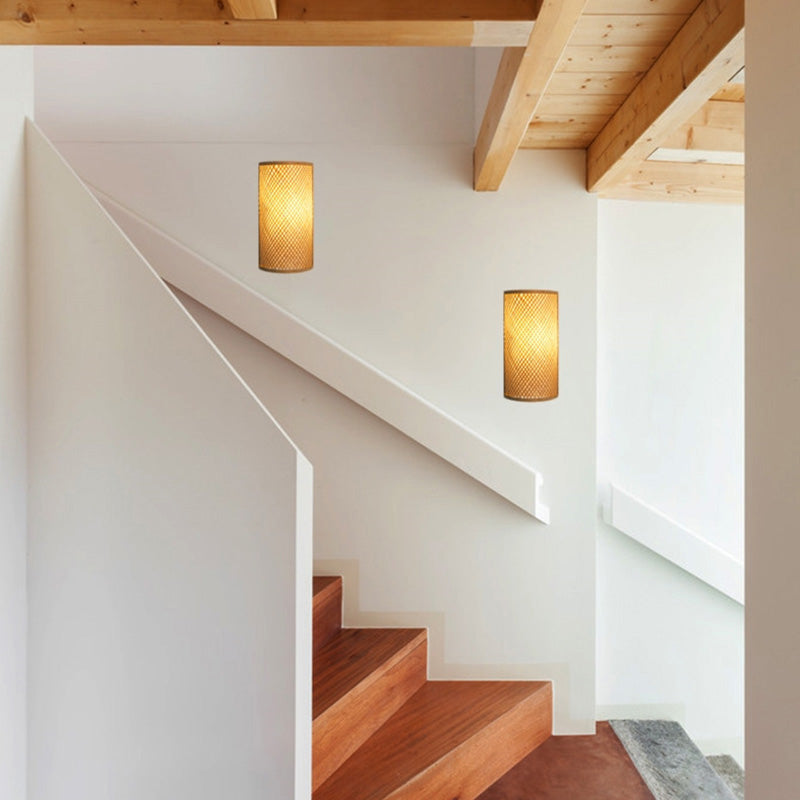 Weaving Semicircular Cylinder Bamboo 2-Light Wall Lamp