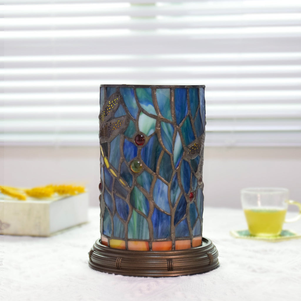 Stained Glass Dragonfly Cylinder Table Lamp