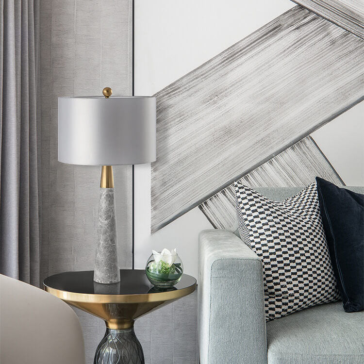 Fabric Lampshade Gray Marble Table Lamp
