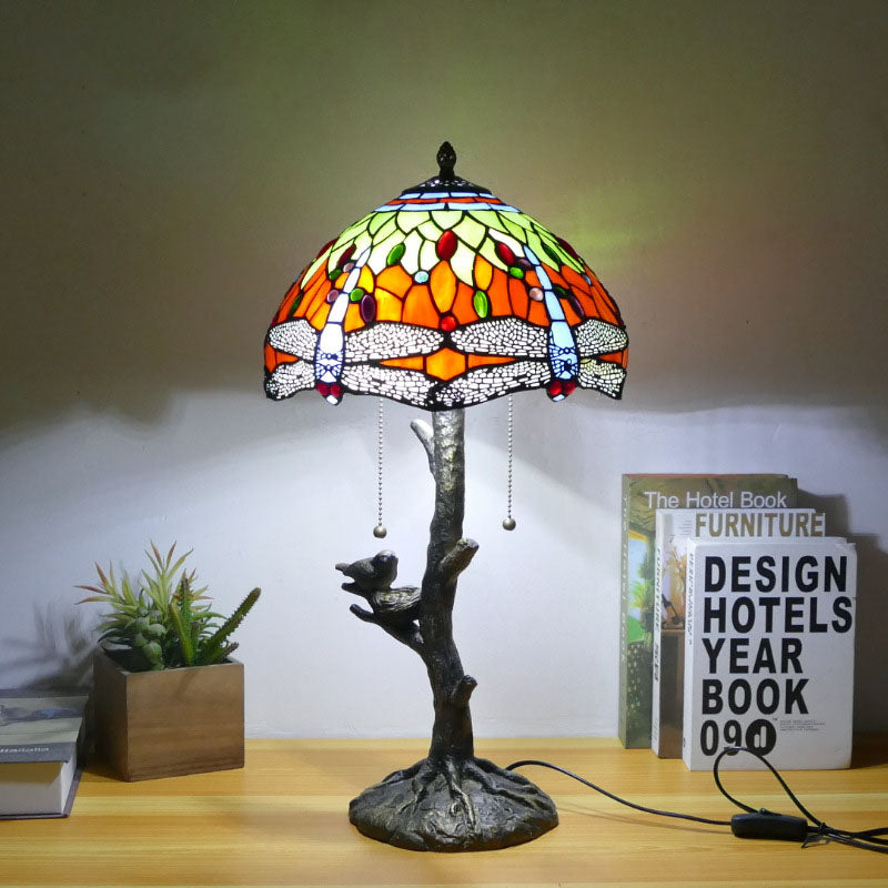 Dragonfly Flower Stained Glass 2-Light Table Lamp