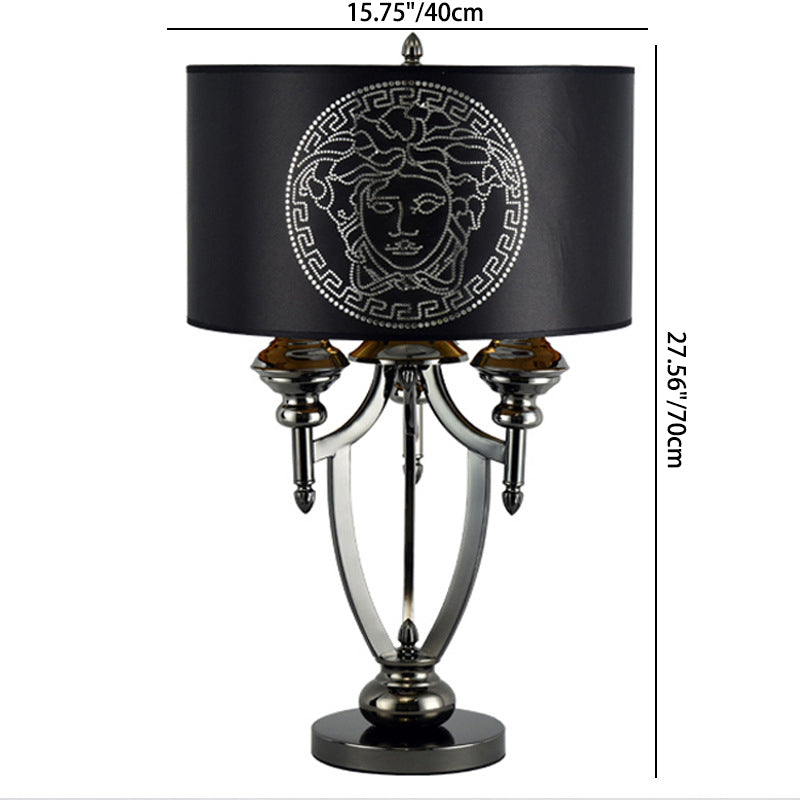Fabric Iron Marble Cylinder 3-Light Table Lamp
