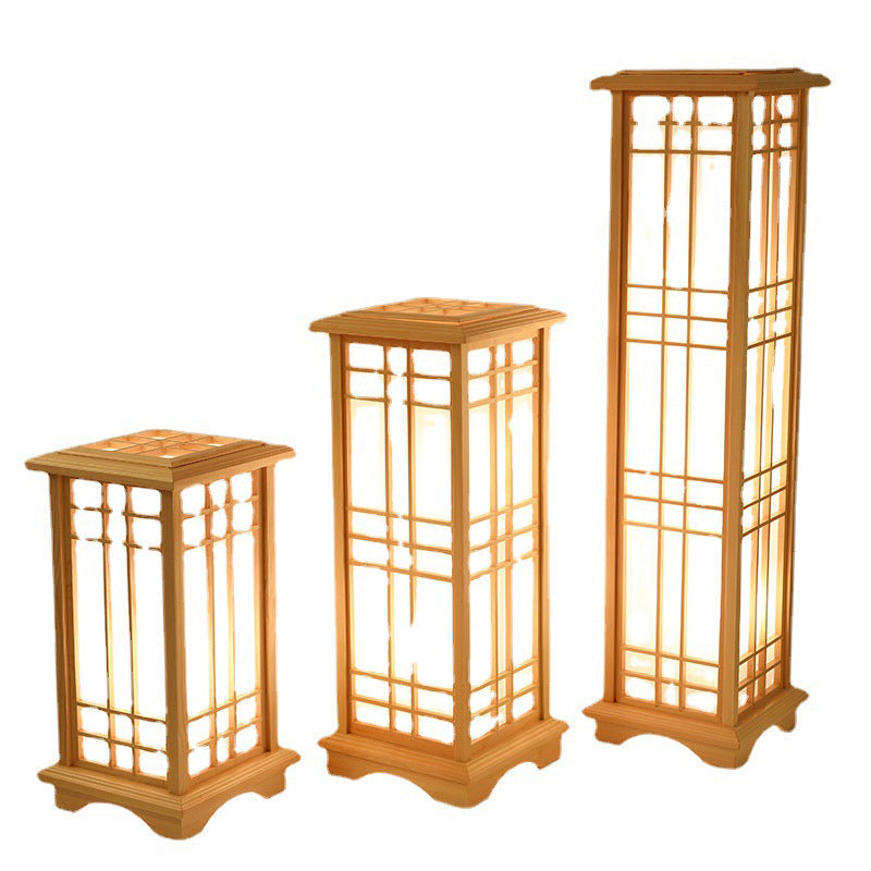 Traditional Japanese Wood Acrylic 3-Light Floor Lamp