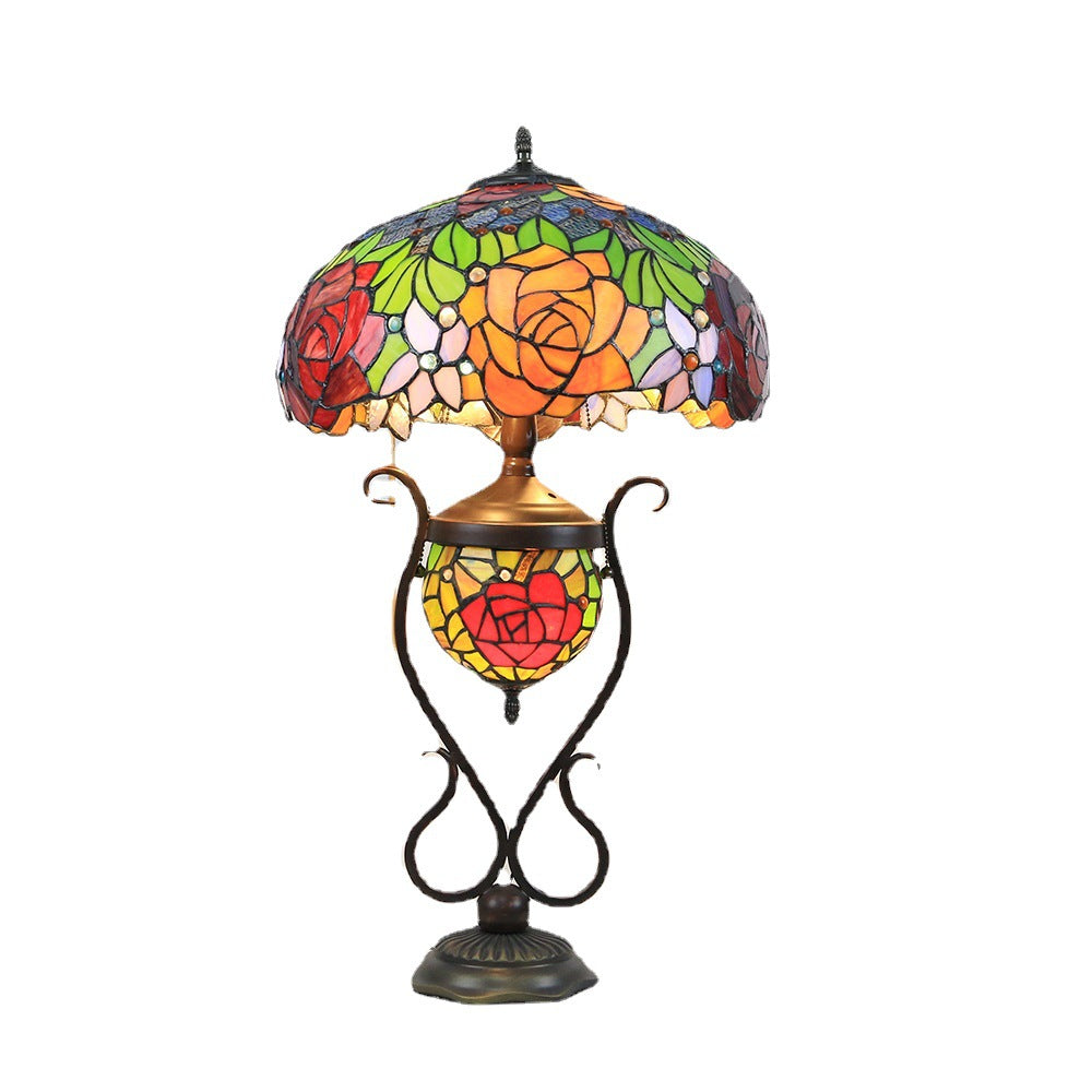 Floral Stained Glass Round 3-Light Table Lamp