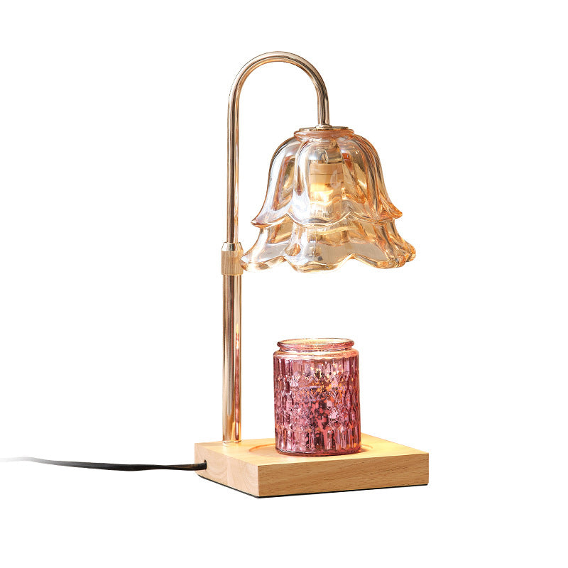 Floral Glass Metal Wood Table Lamp