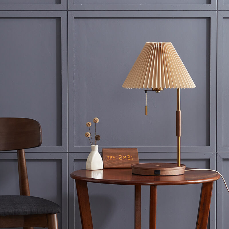 Pleated Walnut Wood Round Table Lamp