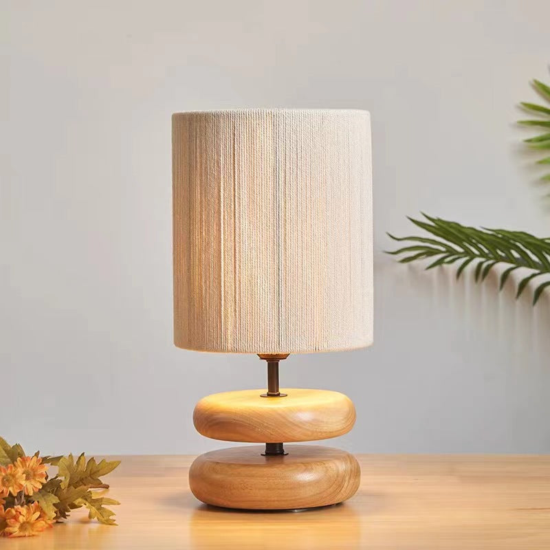 Fabric Cylinder Wooden Chess Table Lamp
