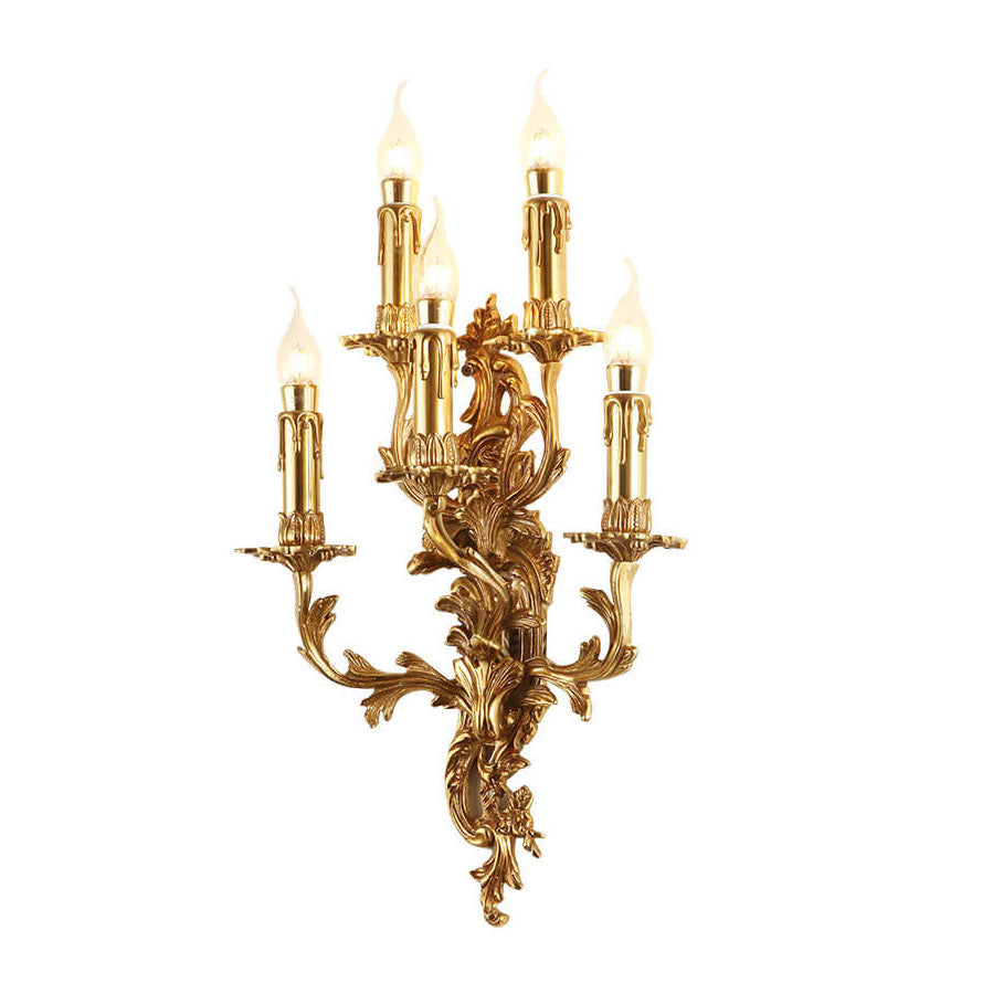 Brass Candle Carved 5-Light Wall Lamp