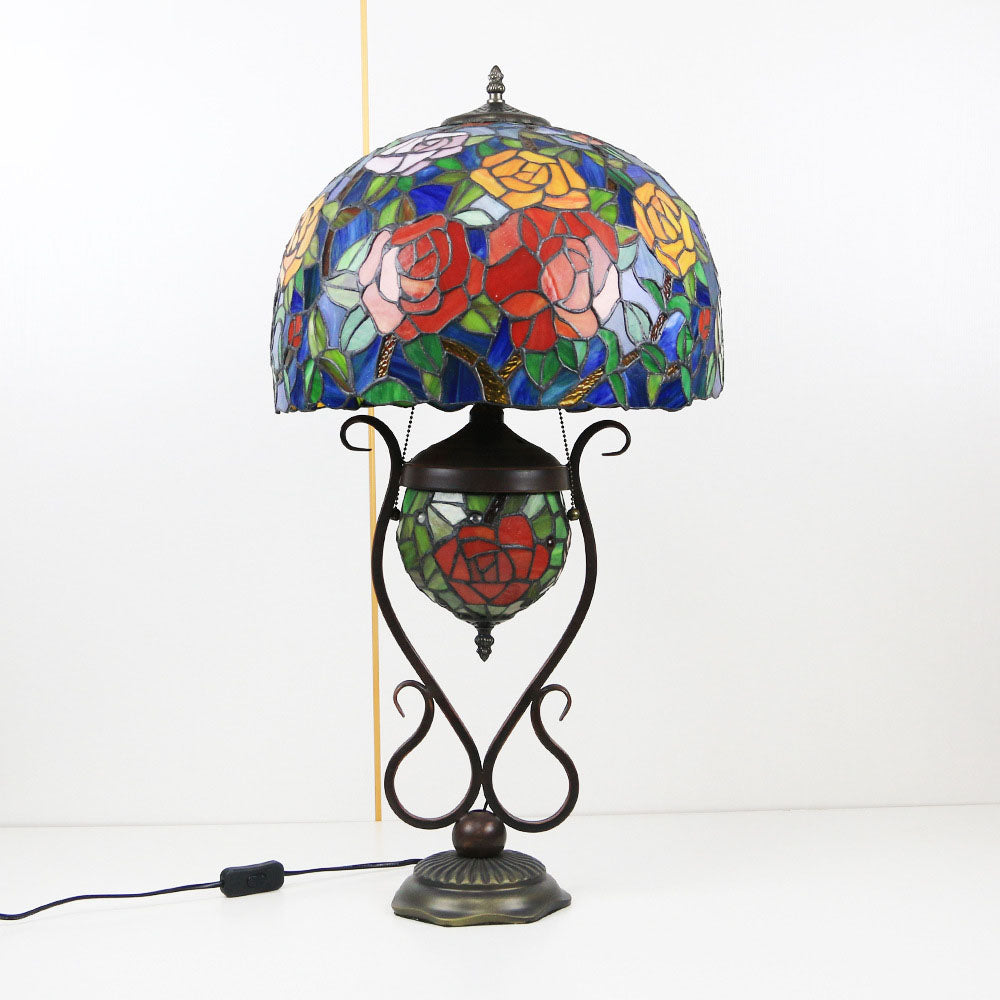 Floral Stained Glass Round 3-Light Table Lamp