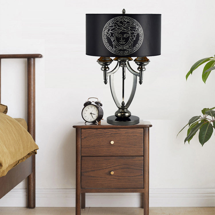 Fabric Iron Marble Cylinder 3-Light Table Lamp