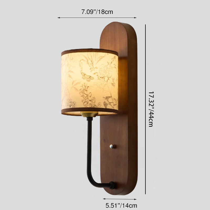Rubberwood Metal Fabric Cylindrical Wall Lamp