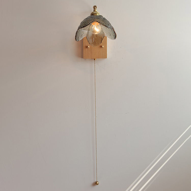 Wood Brass Glass Flower Wall Lamp