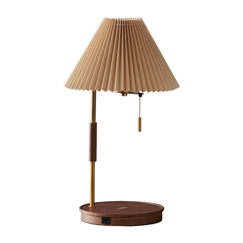 Pleated Walnut Wood Round Table Lamp