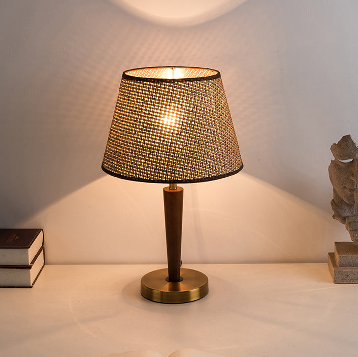 Fabric Round Wood Metal Table Lamp