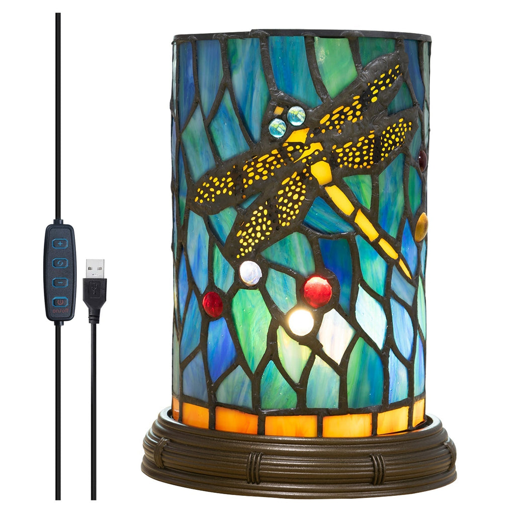Stained Glass Dragonfly Cylinder Table Lamp