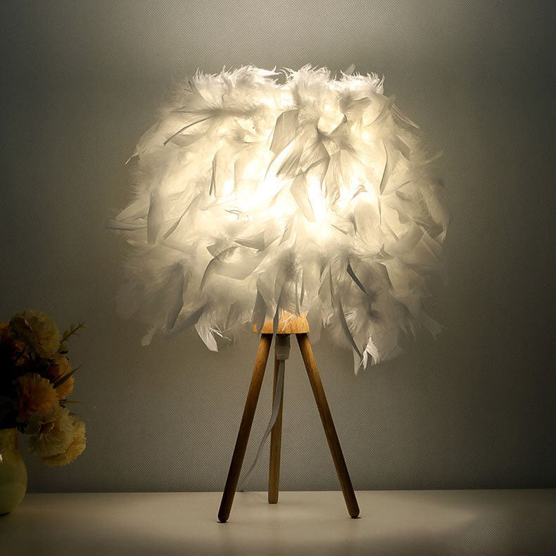 Feather Wood Cylinder Triangle Table Lamp