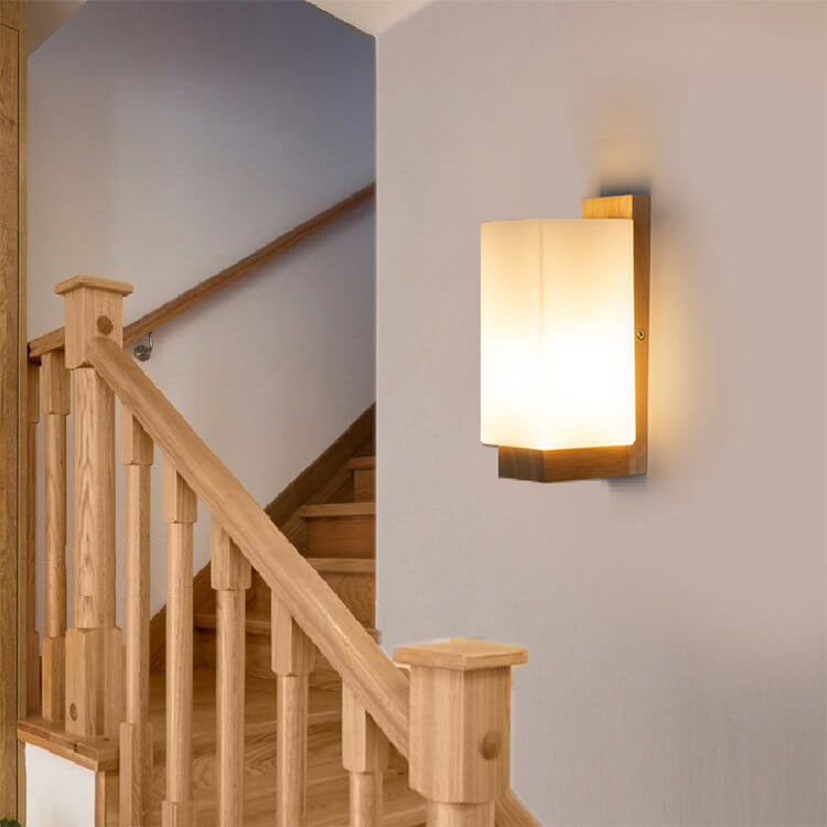 Solid Wood Square Glass Wall Lamp