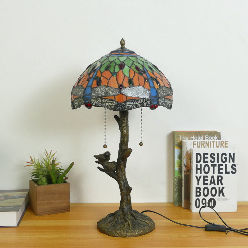 Dragonfly Flower Stained Glass 2-Light Table Lamp
