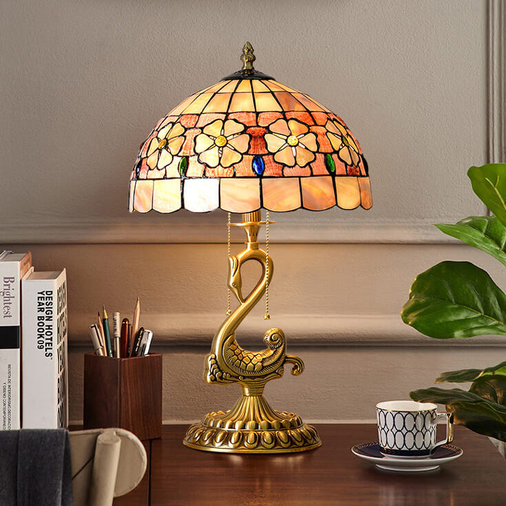 Floral Stained Glass Swan 2-Light Table Lamp