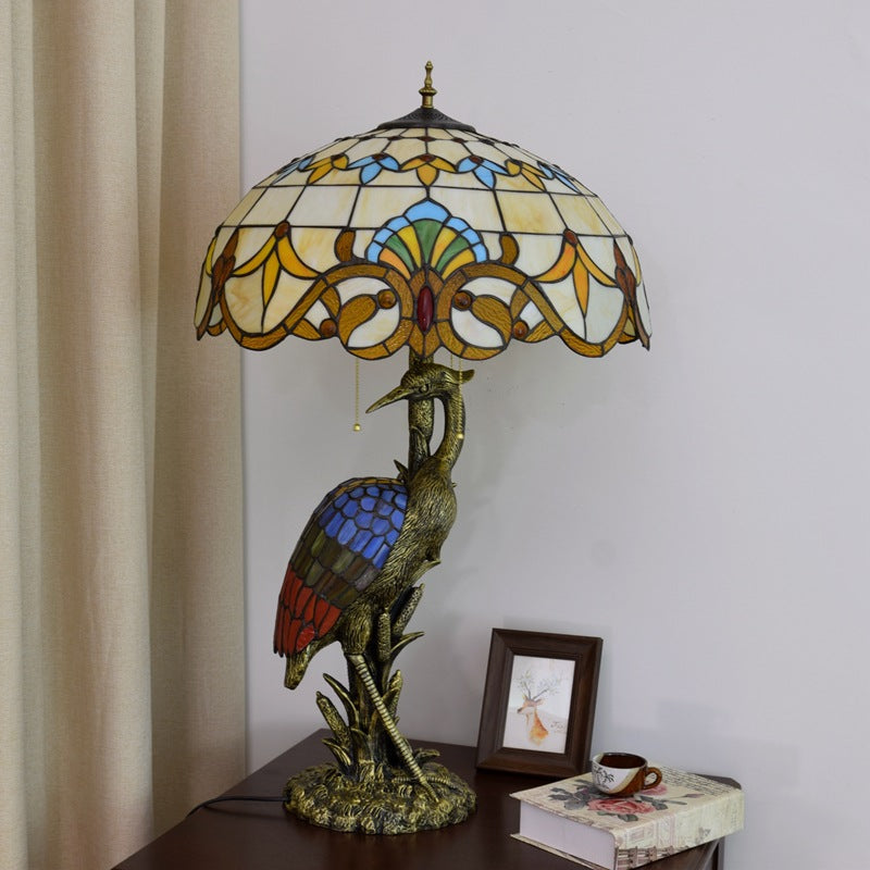 Female Crane Stained Glass 3-Light Table Lamp
