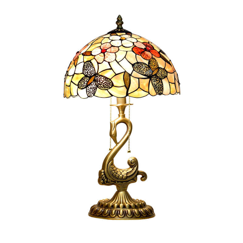 Floral Stained Glass Swan 2-Light Table Lamp