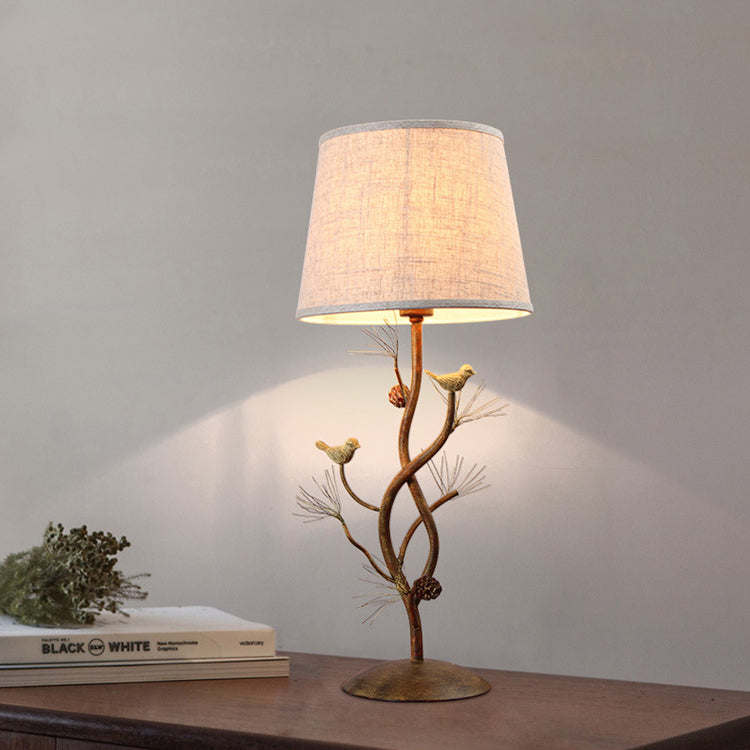 Fabric Pinecone Bird Iron Table Lamp