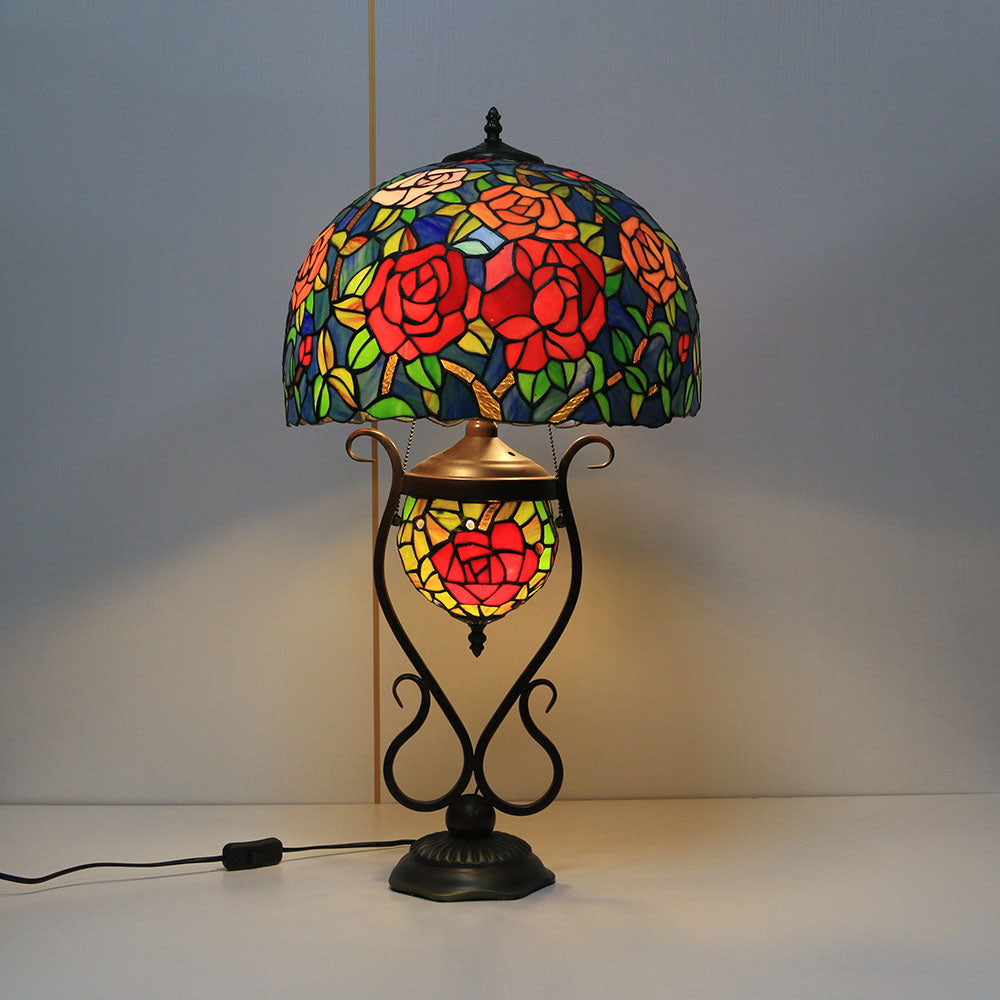 Floral Stained Glass Round 3-Light Table Lamp