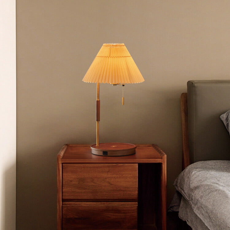 Pleated Walnut Wood Round Table Lamp