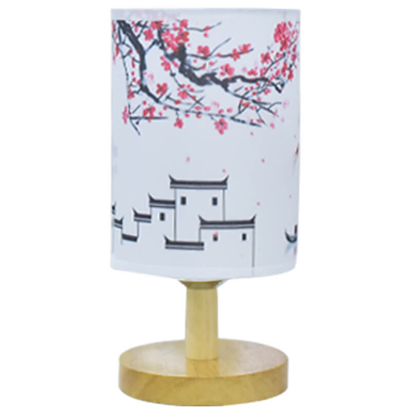 Fabric Column Landscape Wood Table Lamp