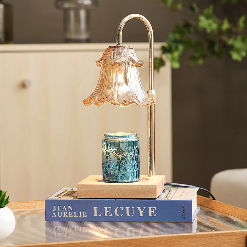 Floral Glass Metal Wood Table Lamp