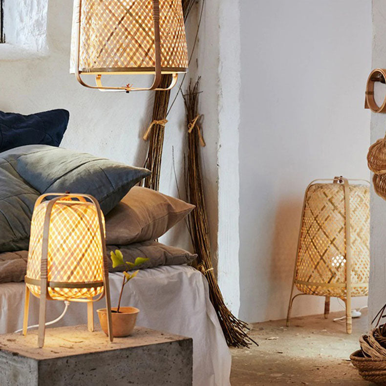 Cylindrical Hand-Woven Bamboo Bedroom Floor Lamp