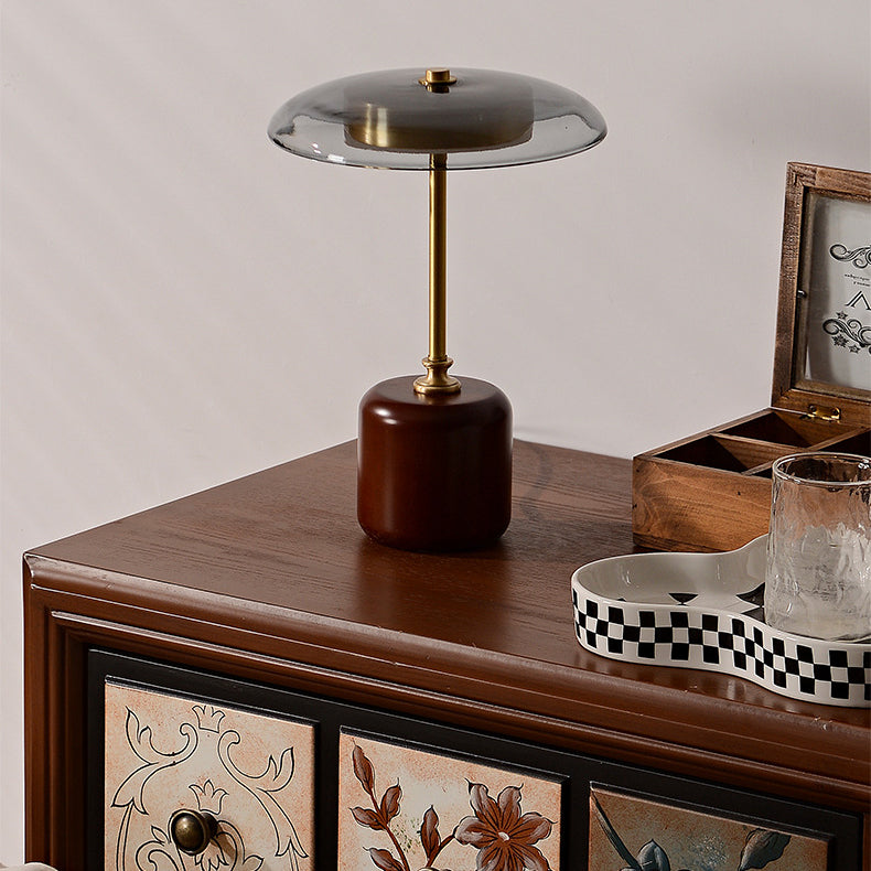 Brass Wood Glass Round Table Lamp