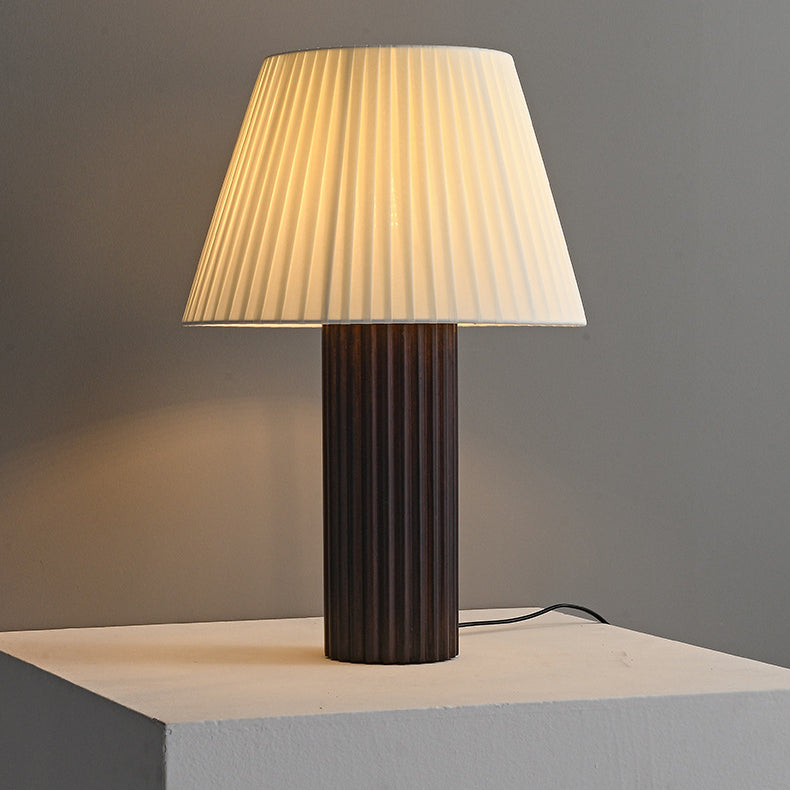 Cylinder Pleated Wood Fabric Table Lamp