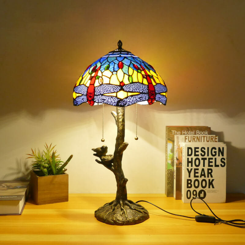 Dragonfly Flower Stained Glass 2-Light Table Lamp