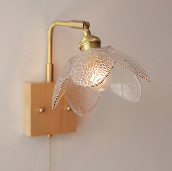 Wood Brass Glass Flower Wall Lamp
