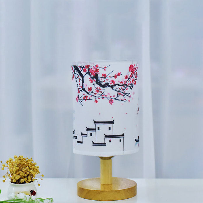Fabric Column Landscape Wood Table Lamp