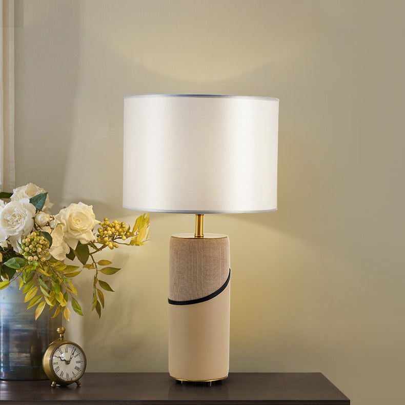 Fabric Leather Cylinder Bedroom Table Lamp